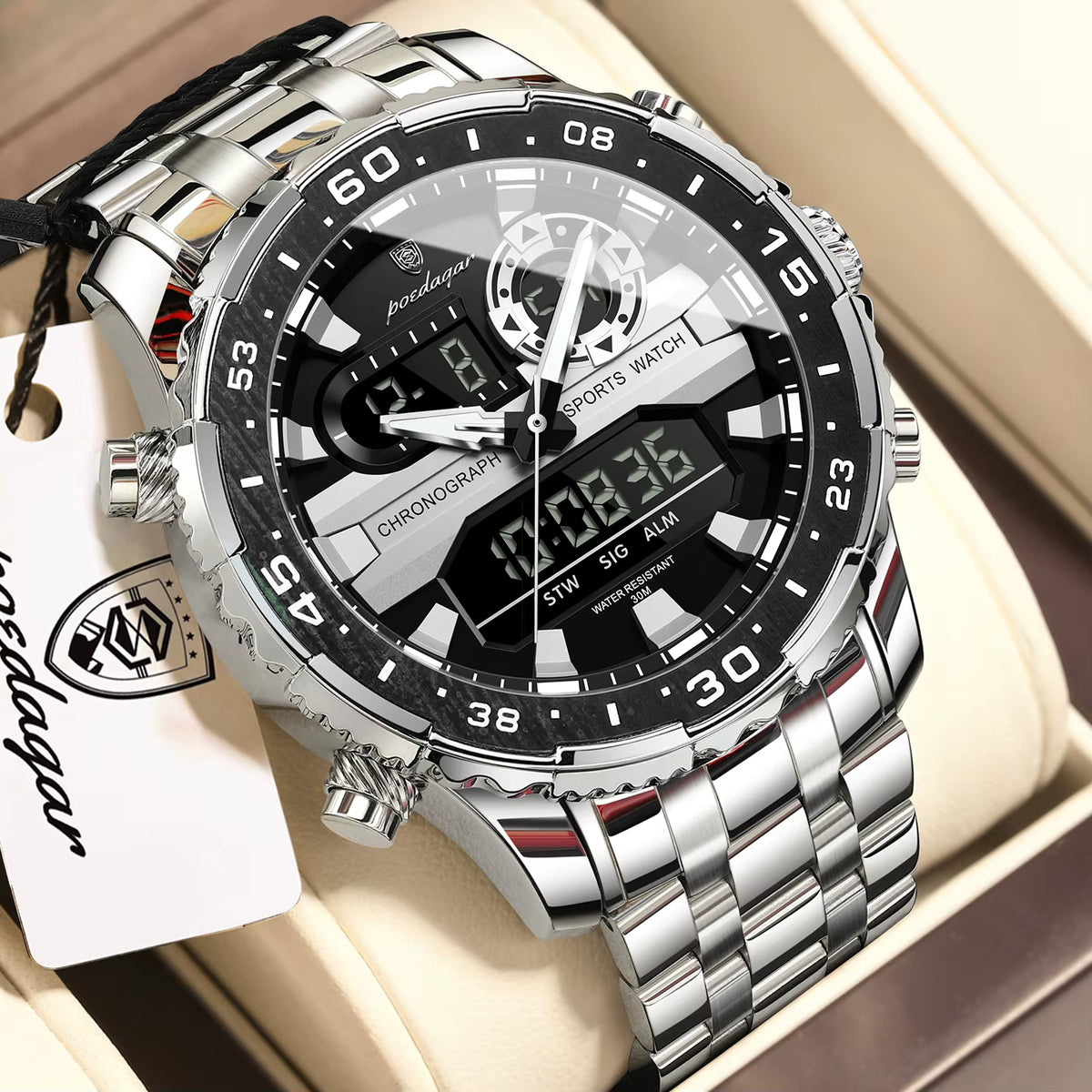 Poedagar E122 – Montre Homme Luxe Sport Chronographe à Cadran Bleu