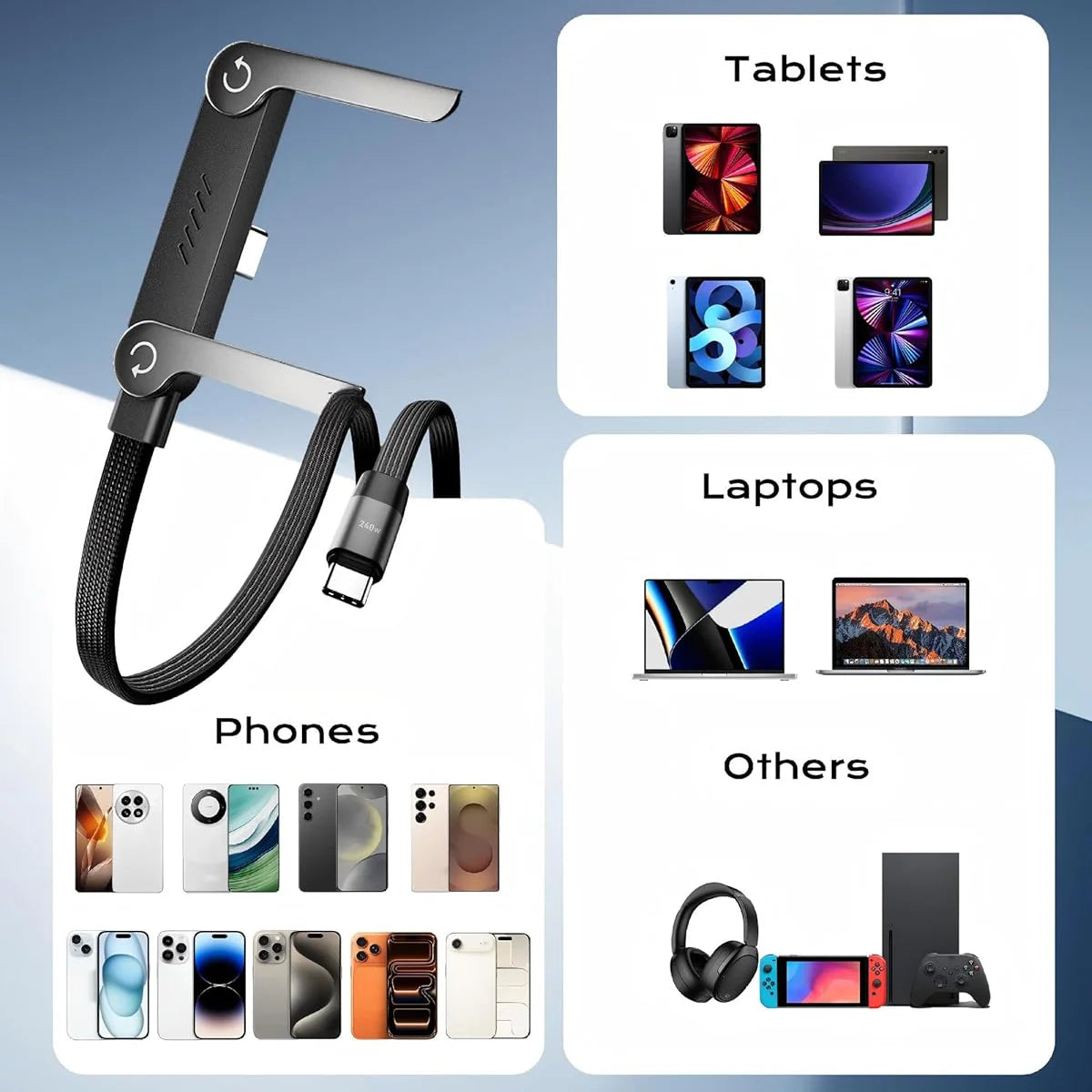 ⚡ كابل الشحن الخفي 2 في 1 مع حامل مدمج – شحن فائق السرعة 240 واط