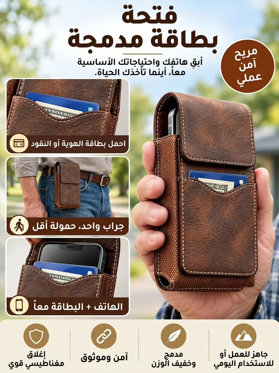 حقيبة هاتف جلدية مخصصة للحزام بمشبك معدني وجيب للبطاقات