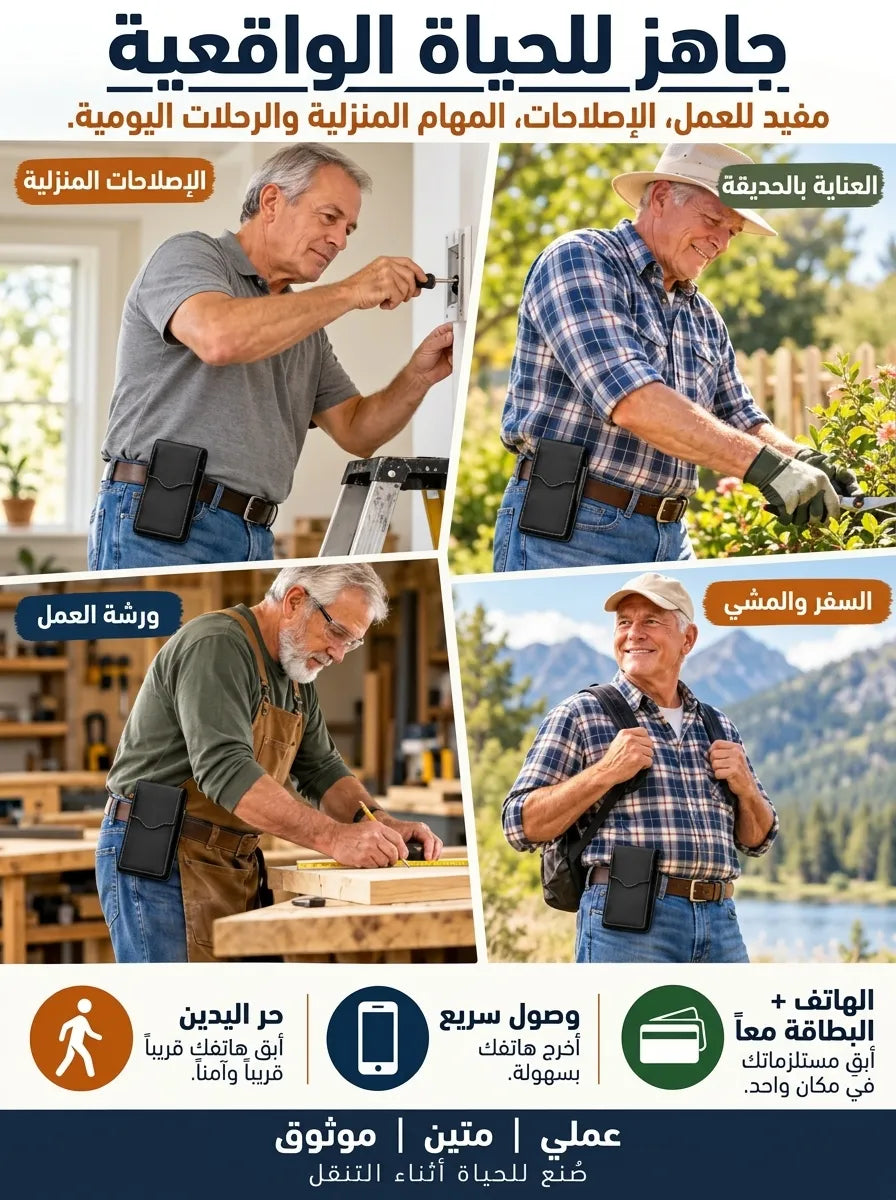 حقيبة هاتف جلدية مخصصة للحزام بمشبك معدني وجيب للبطاقات