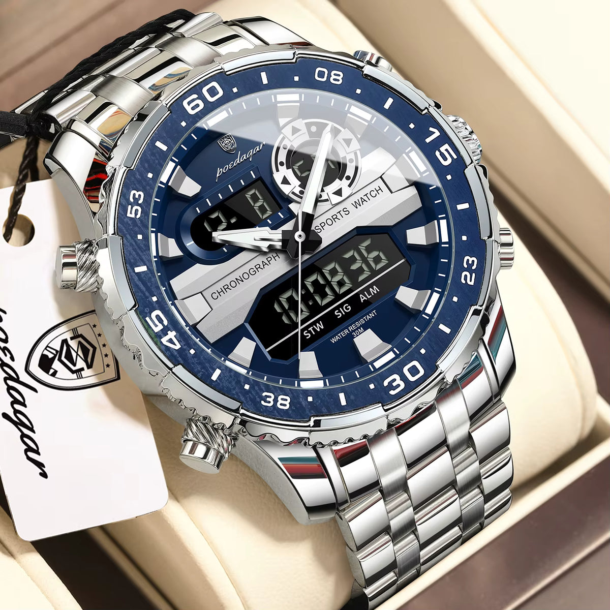 Poedagar E122 – Montre Homme Luxe Sport Chronographe à Cadran Bleu