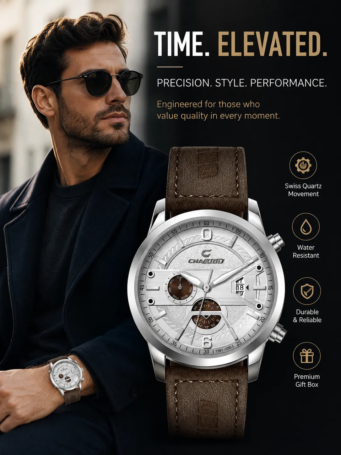 CHAXIGO – Montre Homme Élégante à Quartz avec Chronographe Multifonction