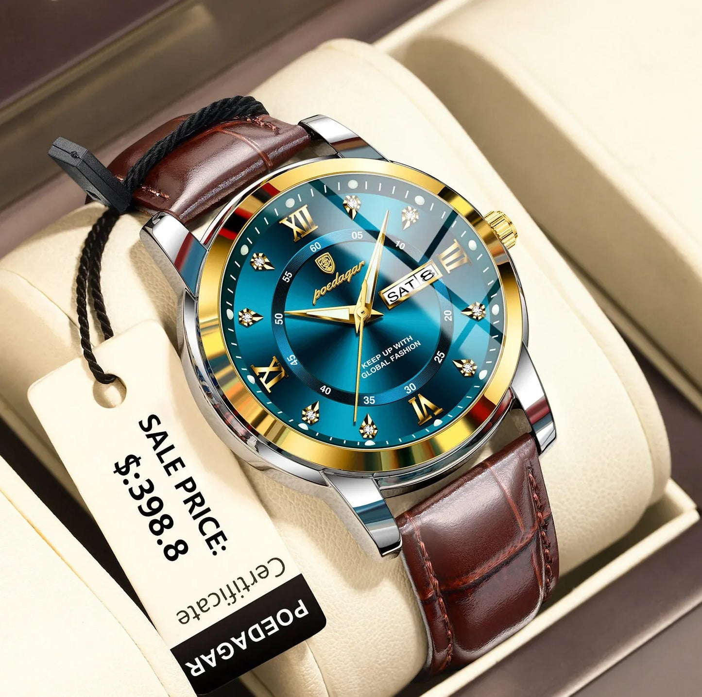 POEDAGAR 936 : ساعة رجالية فاخرة جلدية مقاومة للماء