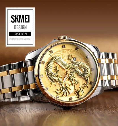 ساعة يد فاخرة بنقش التنين الذهبي ثلاثي الأبعاد