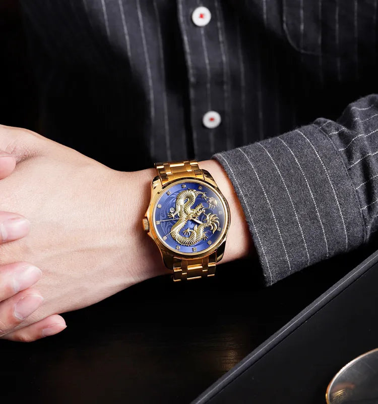 ساعة يد فاخرة بنقش التنين الذهبي ثلاثي الأبعاد